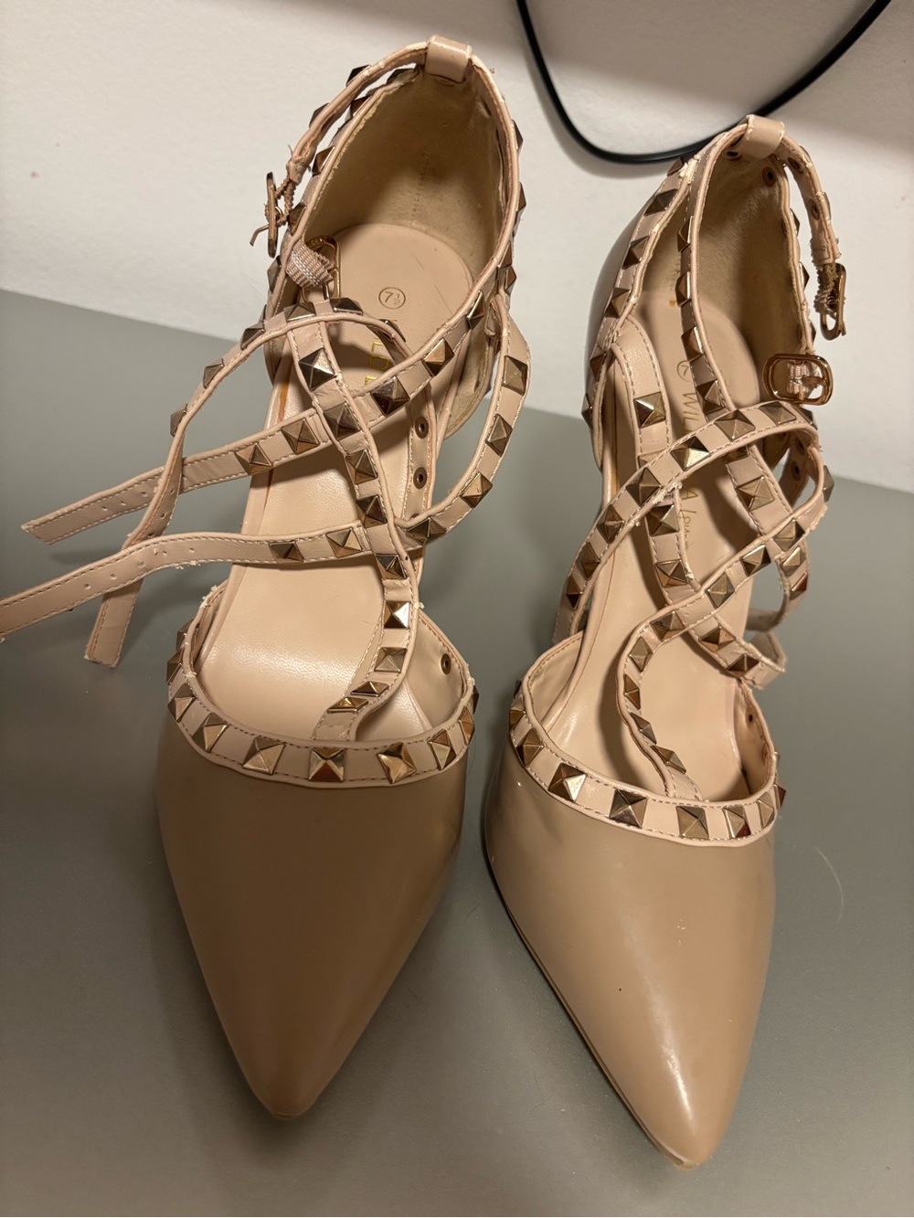 Stud-Trim Pointed-Toe Strappy Heels in Nude